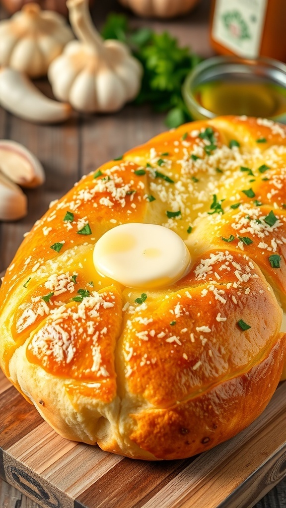 Crispy garlic bread on a cutting board, garnished with parsley and Parmesan cheese, in a rustic kitchen.